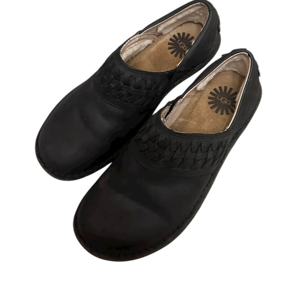 Ugg Australia Women’s Anila Clog Shoes Black Leather Woven Detail Size 7 EUC - Picture 2 of 9